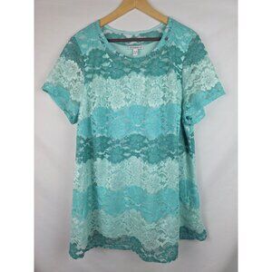 Isaac Mizrahi Live! Womens Top Size 3X Green Floral Lace Short Sleeve Shirt